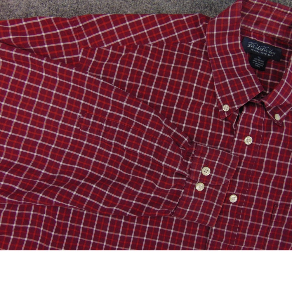 Vinage Brooks Brothes Shirt Mens XL Red Plaid Button Down Collar Made in‎ USA